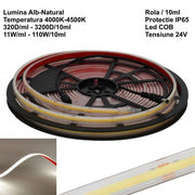 Banda LED COB 320 alb-neutru 4500K, 110W rola 10m, IP65 exterior, tensiune 24V, fara puncte vizibile