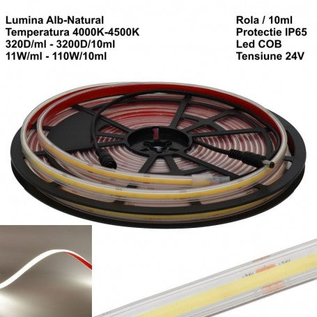 Banda LED COB 320 alb-neutru 4500K, 110W rola 10m, IP65 exterior, tensiune 24V, fara puncte vizibile