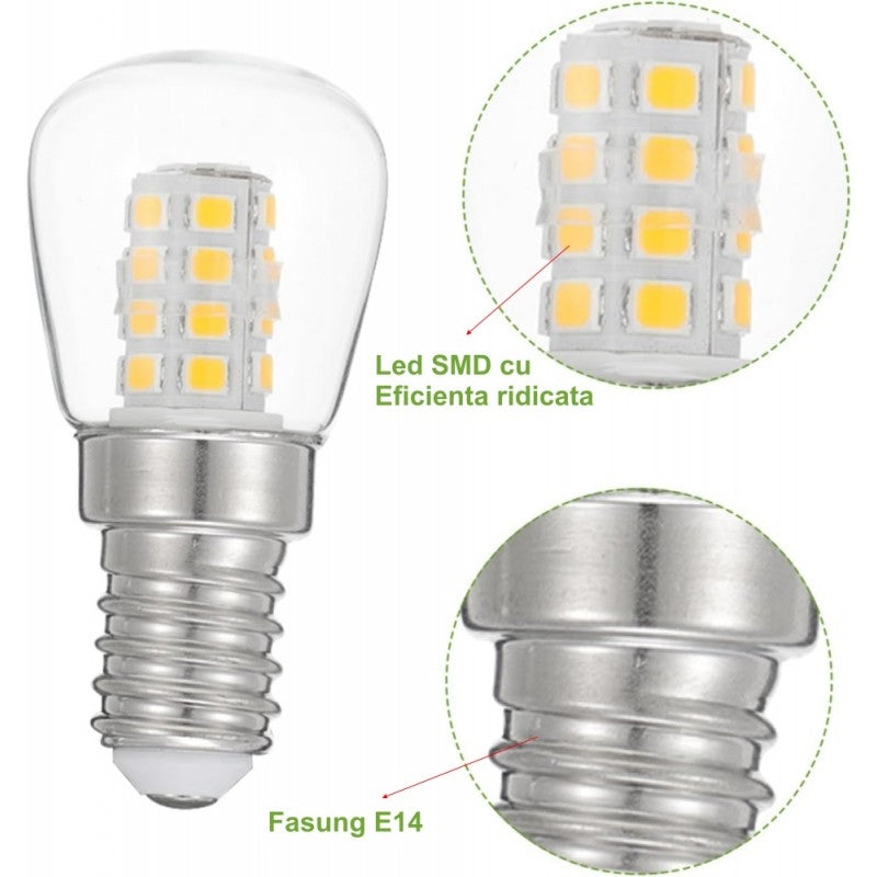 Bec LED miniatura E14 cu chipuri SMD eficiente si fasung E14 universal, detalii constructive