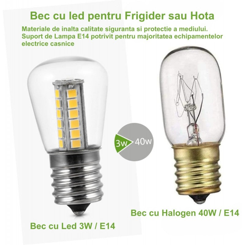 Bec LED E14 3W vs bec halogen 40W, comparatie consum energetic pentru frigider si hota