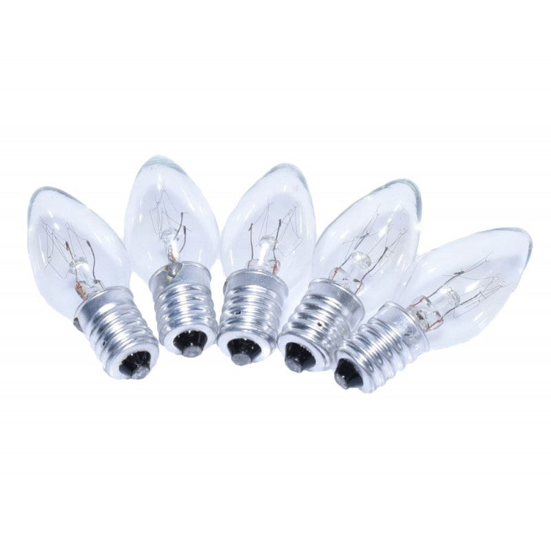 Becuri para E14 15W cu filament, aliniate frontal, sticla transparenta si soclu metalic durabil