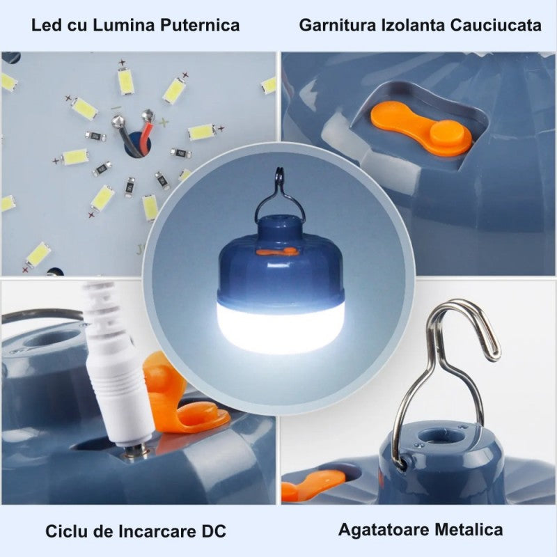 Detalii constructive bec LED camping: chip-uri LED, garnitura cauciucata, port incarcare DC si carlig metalic