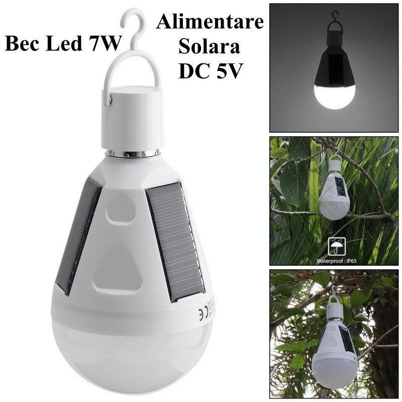 Bec LED solar 7W utilizare in exterior suspendat in copac, IP65, alimentare solara si DC 5V