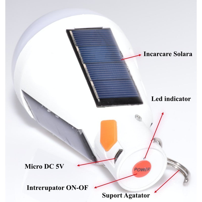 Bec LED solar cu panou solar, port Micro DC 5V, buton ON/OFF si indicator de incarcare detaliate