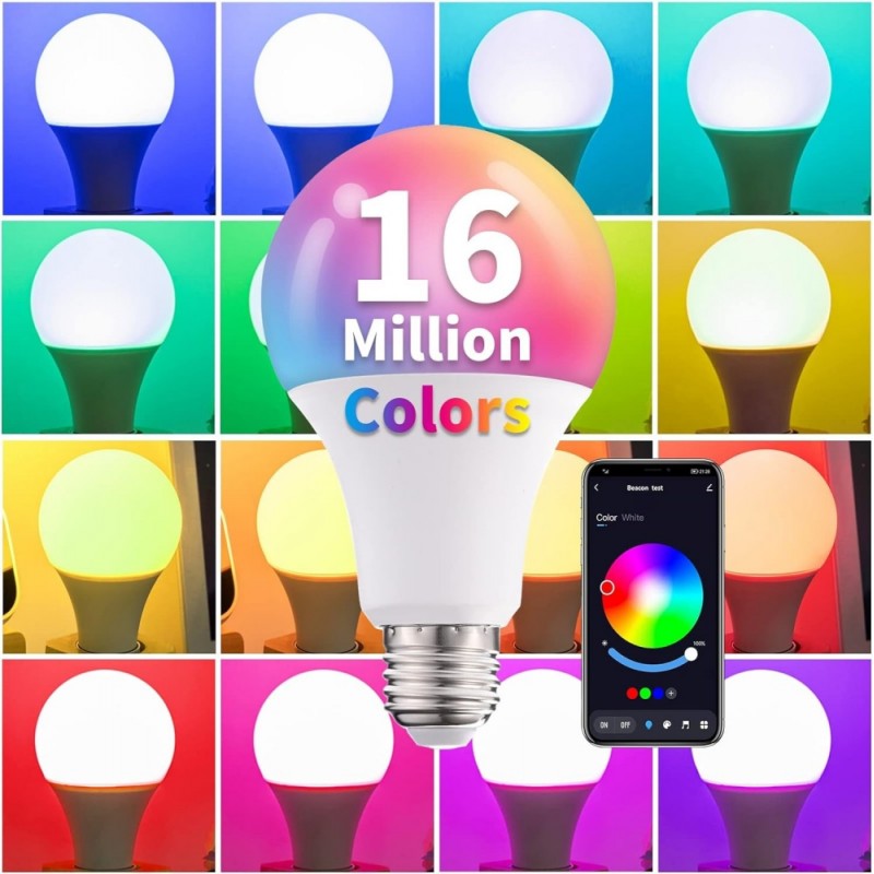 Bec smart LED E27 RGB-CCT prezentand 16 milioane de culori disponibile prin aplicatie