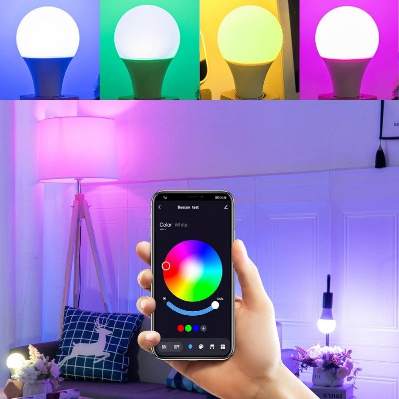 Bec smart LED RGB-CCT E27 controlat din telefon, utilizat in living cu lumina colorata