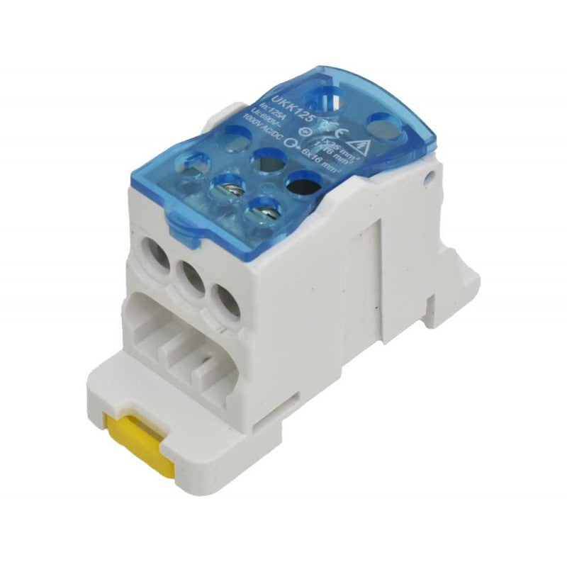 Bloc terminal distributie 125A, 1000V AC/DC, montaj sina DIN, capac transparent albastru, iesiri 6x16mm²