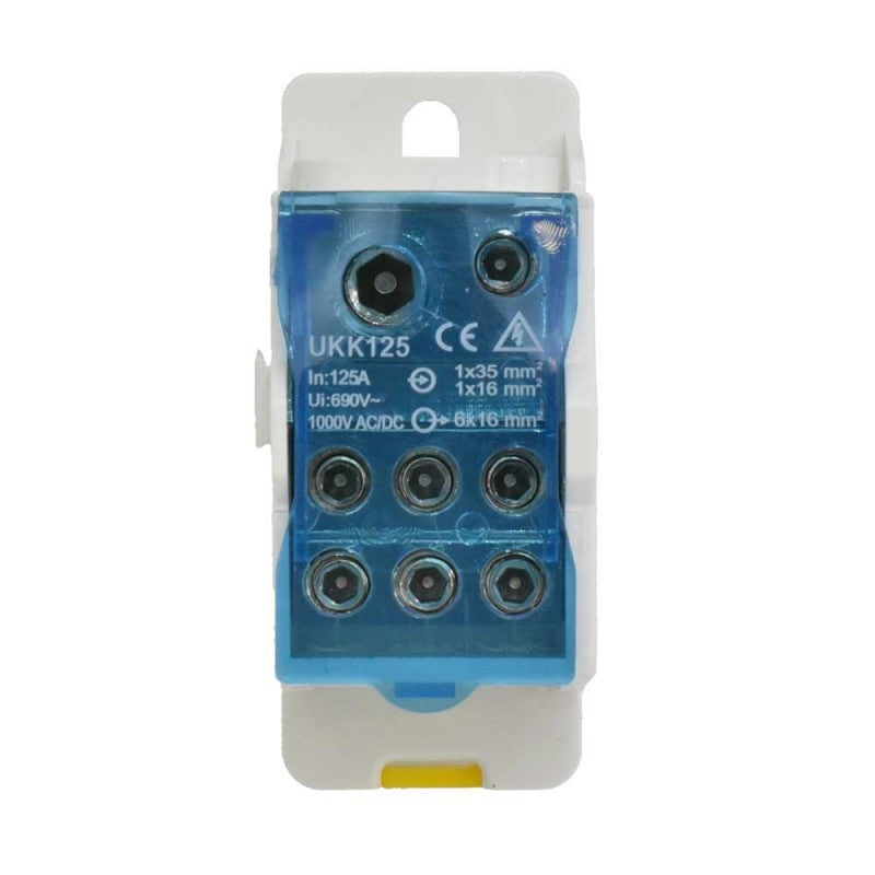 Bloc terminal 125A vedere frontala, conexiuni surub vizibile, intrare 35mm² si 6 iesiri 16mm²