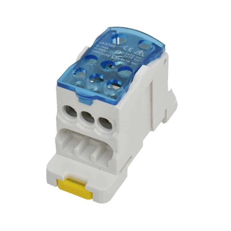 Bloc terminal distributie 160A, 1000V AC/DC, cablu intrare 70mm2, montaj sina DIN, capac transparent albastru
