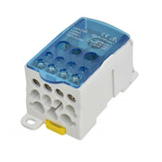 Bloc terminal distributie 250A, 1000V AC/DC, cablu intrare 120mm², multiple iesiri, capac transparent albastru, montaj sina DIN