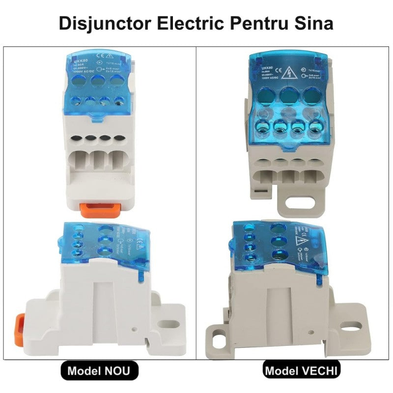 Comparatie model nou si vechi bloc terminal distributie pentru sina DIN, carcasa ABS alb-albastru