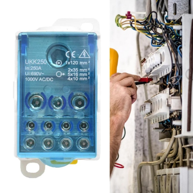 Bloc terminal distributie 250A utilizat in tablou electric profesional, montaj sina DIN, conexiuni multiple circuite