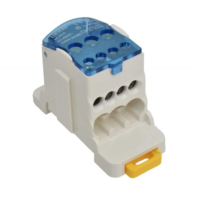Bloc terminal distributie 80A, 1000V AC/DC, montaj sina DIN, capac albastru transparent, carcasa ignifuga alba