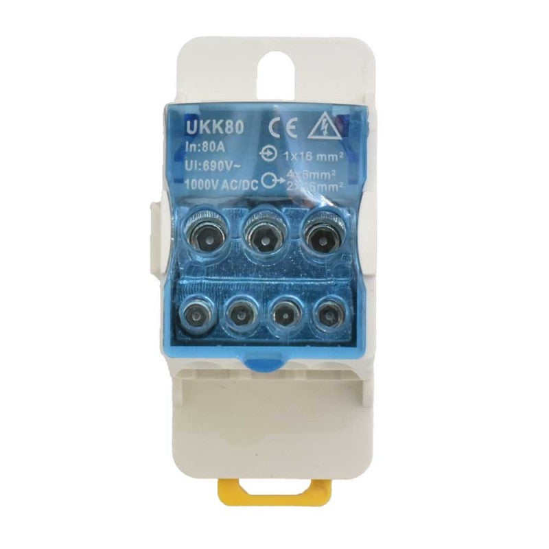 Bloc terminal distributie 80A vedere frontala, 8 borne cupru, 690V, compatibil cablu 6-16mm²