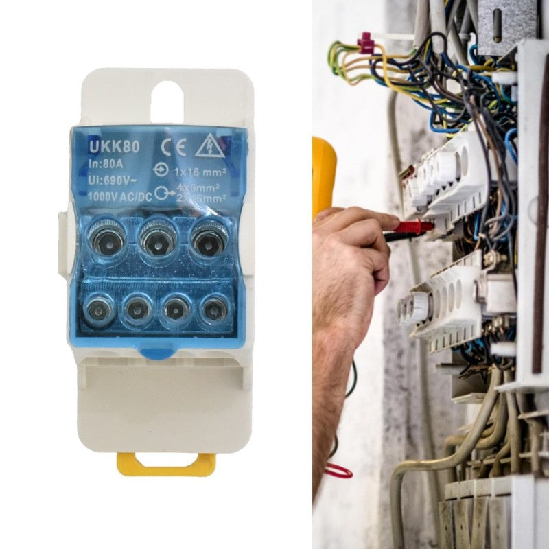 Bloc terminal distributie 80A in tablou electric, instalare profesionala pe sina DIN, 1000V AC/DC