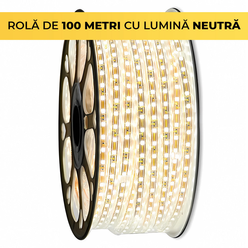 Banda LED pe rola de 100 metri, lumina neutra 4000K, dublu rand de leduri vizibile