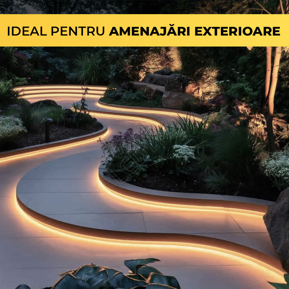 Banda LED IP65 montata pe alee de gradina curba, iluminat exterior decorativ pe timp de noapte