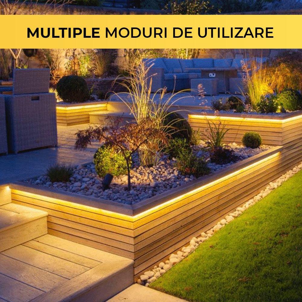 Banda LED decorativa aplicata pe jardiniere de gradina, iluminat ambiental peisagistic nocturn