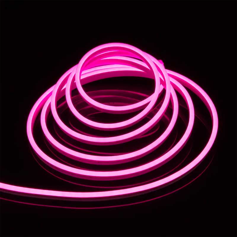 Banda LED Neon Flex roz, 5m, IP65, lumina continua uniforma, rulata pe fundal negru