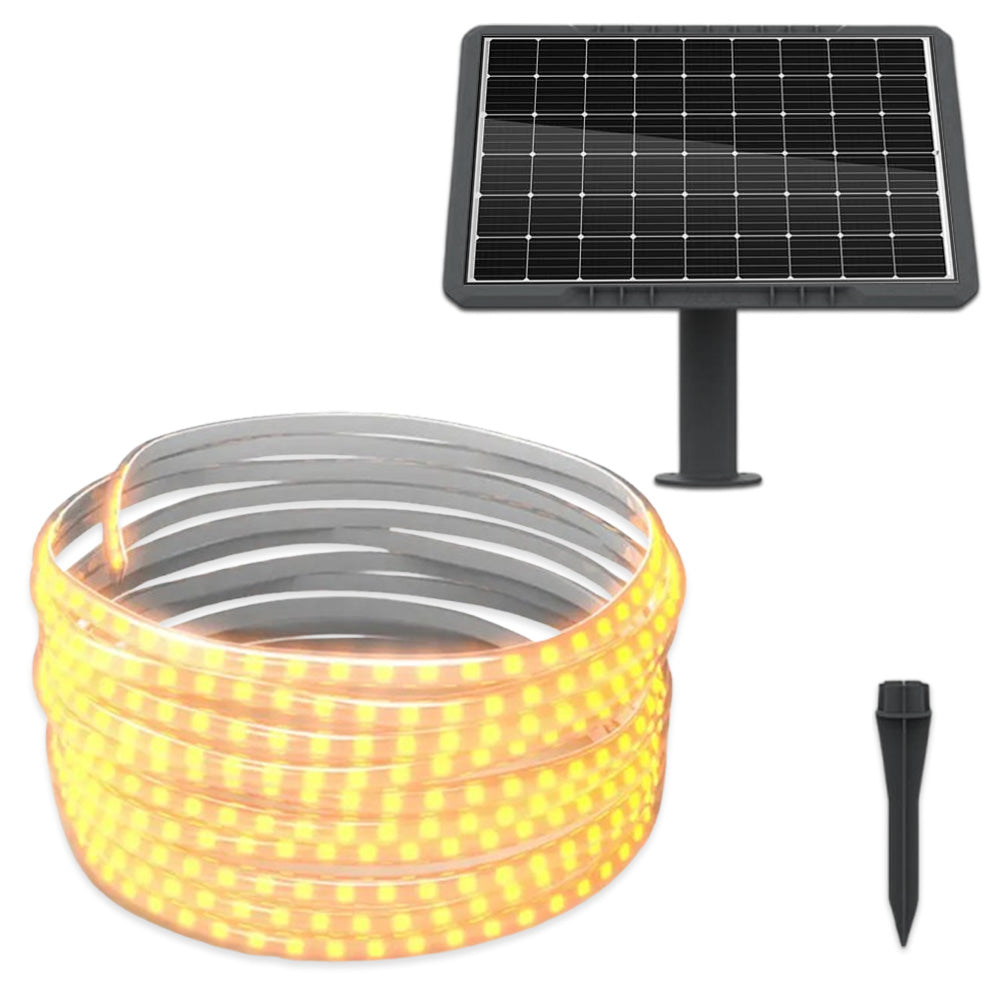 Banda LED solara alb-cald 10m, 100W, IP65, cu panou monocristalin si suport tarus pentru exterior