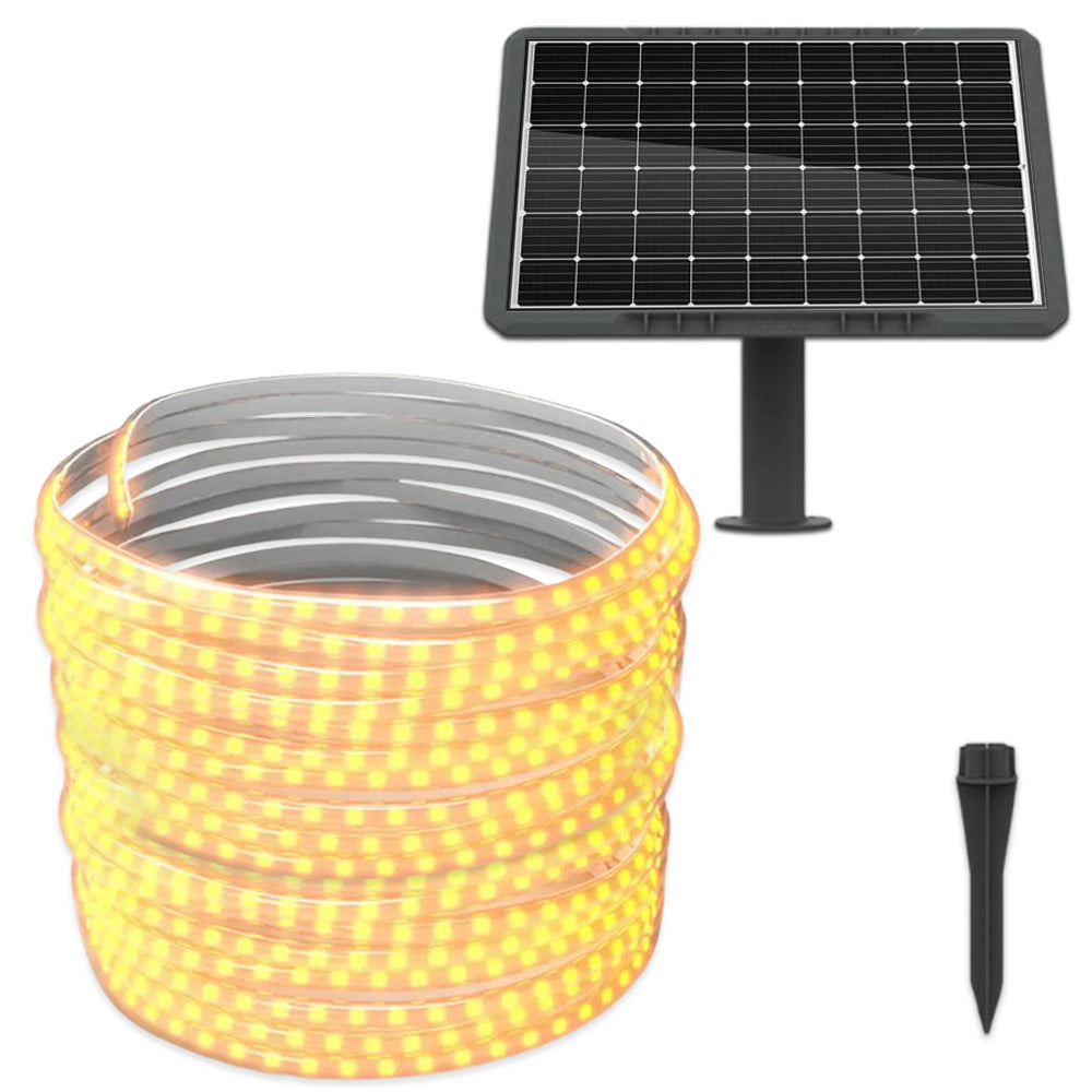 Banda LED solara alb-cald 20m, 200W, IP65, cu panou solar monocristalin si suport pentru sol