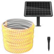 Banda LED solara alb-cald 20m, 200W, IP65, cu panou solar monocristalin si suport pentru sol