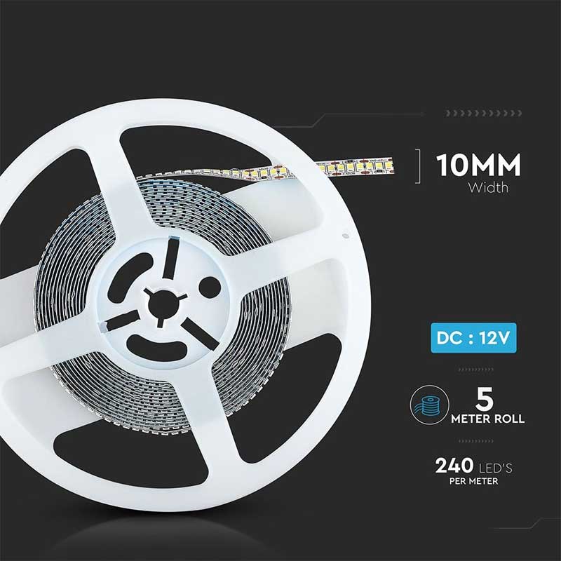 Banda LED 12V, latime 10mm, 240 LED/m, rola 5 metri, specificatii tehnice vizibile