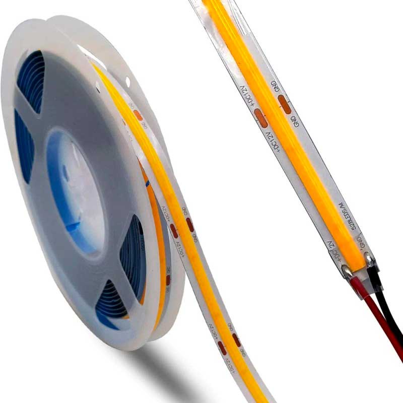 Banda LED COB lumina calda si detaliu capat cu conexiuni, montaj usor pe suprafata