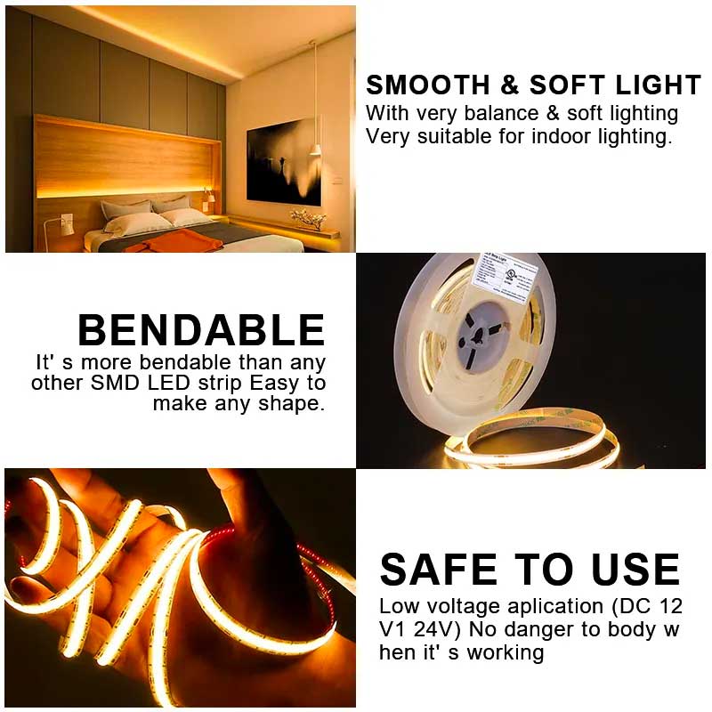 Banda LED COB flexibila 12V, lumina uniforma continua, usor de indoit si montat in interior