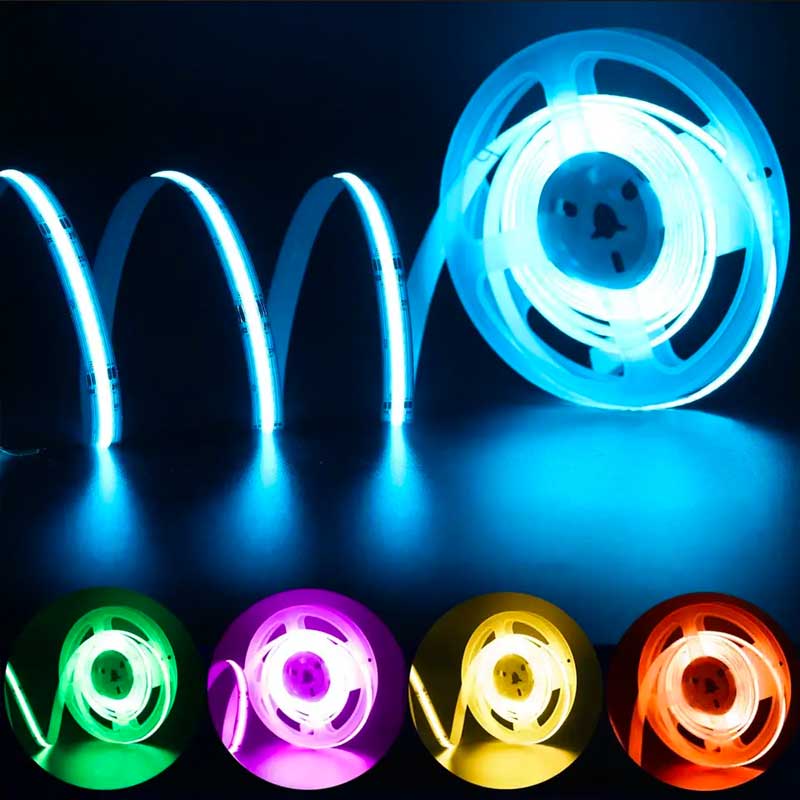 Banda LED COB RGB luminata in mai multe culori, efect continuu fara puncte vizibile