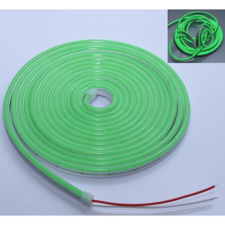 Banda LED neon verde flexibila rulata, cu detaliu inset al sectiunii transversale din silicon