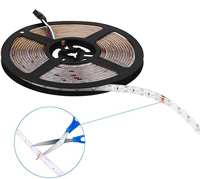 Banda LED RGB 5m pe rola cu detaliu taiere la marcajele imprimate, montaj flexibil
