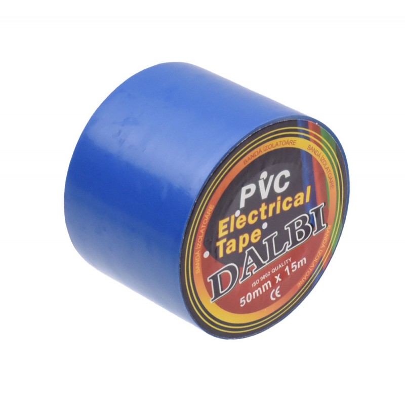 Banda izolatoare PVC albastra 50mm x 15m, vedere lateral cu eticheta rolei