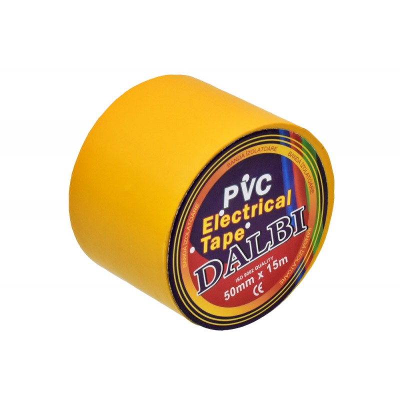 Banda izolatoare PVC galbena 50mm, profil lateral in unghi cu eticheta vizibila