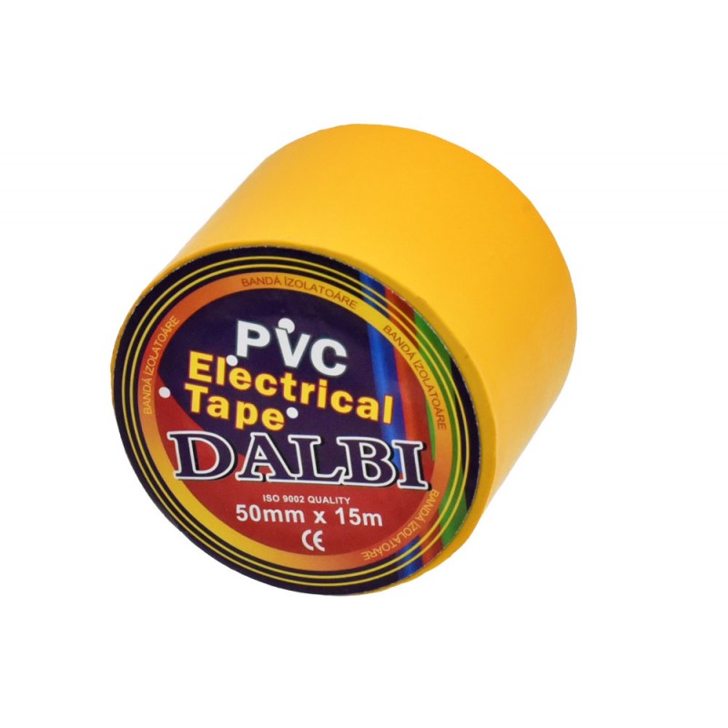 Banda izolatoare PVC galbena 50mm, vedere frontala cu eticheta si dimensiuni
