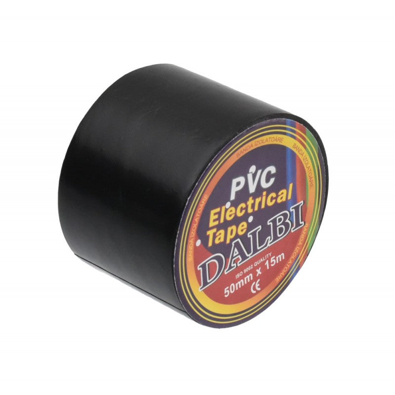 Banda izolatoare PVC neagra 50x15m, perspectiva usor inclinata cu eticheta vizibila