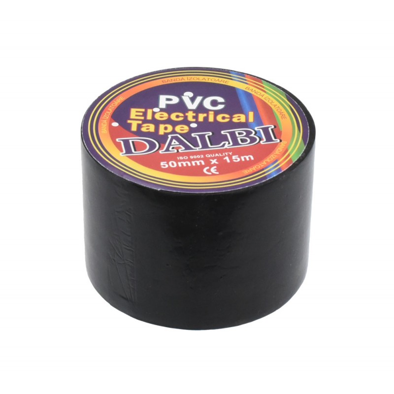 Banda izolatoare PVC neagra 50mm, vedere frontala cu eticheta si dimensiuni 15m
