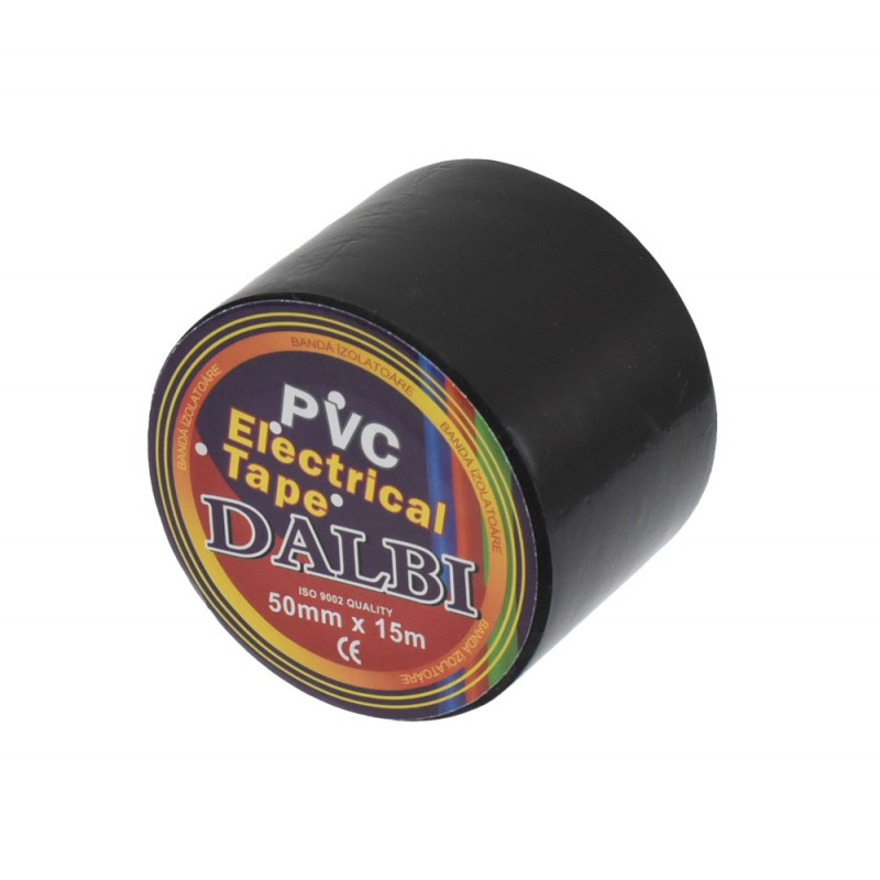 Banda izolatoare PVC neagra 50mm, unghi lateral care evidentiaza grosimea rolei