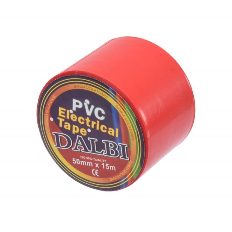 Banda izolatoare PVC rosie 50mm x 15m, detaliu eticheta cu specificatii tehnice