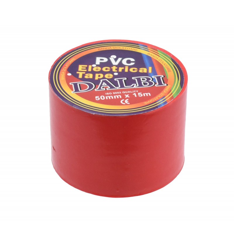 Rola banda izolatoare PVC rosie 50mm, profil drept cu eticheta CE si specificatii vizibile
