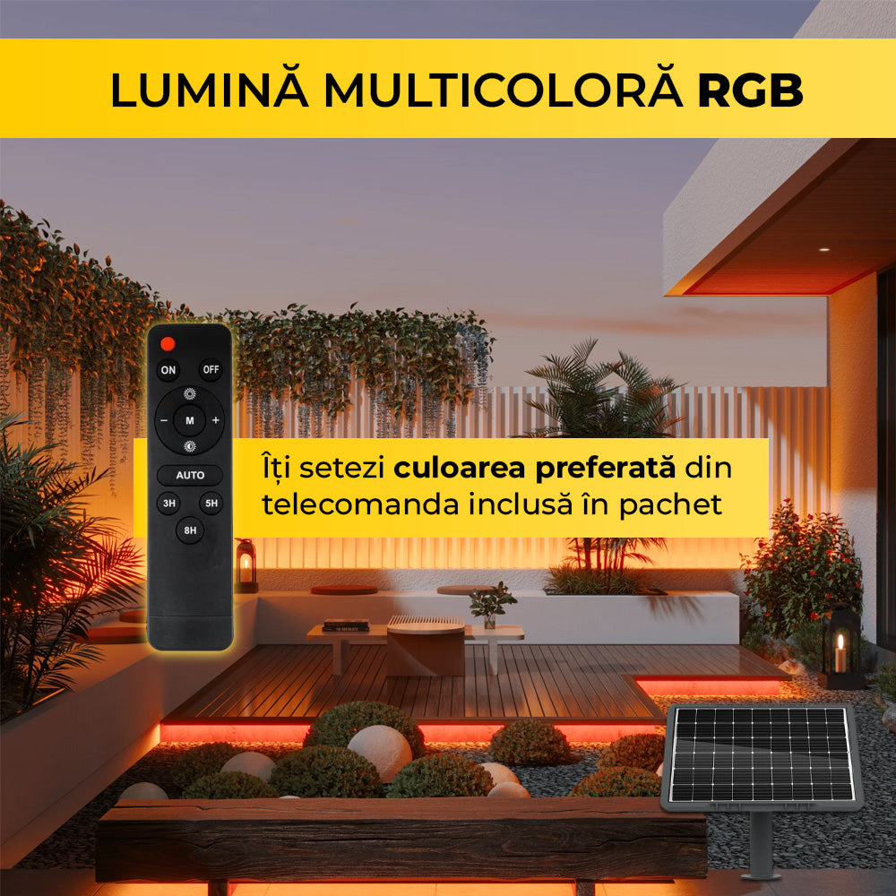 Banda LED solara RGB cu telecomanda pentru selectare culori, iluminat ambiental terasa exterior