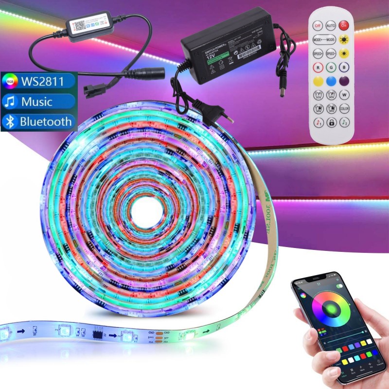 Banda LED RGB 5m cu controller Bluetooth, telecomanda si aplicatie iOS/Android pentru control culori