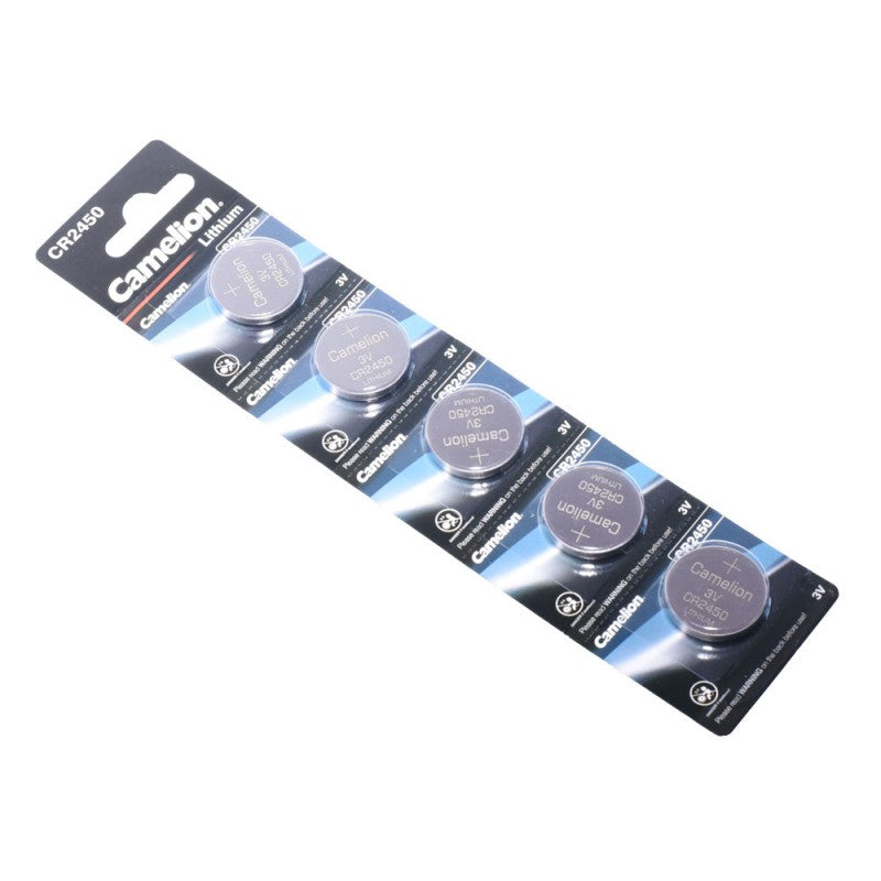 Blister cu 5 baterii tip buton CR2450 3V, vedere laterala in unghi, ambalaj compact