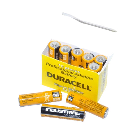 Baterii alcaline AA LR6 1.5V set 10 bucati, tip profesional industrial, ambalaj galben cu 2 baterii expuse
