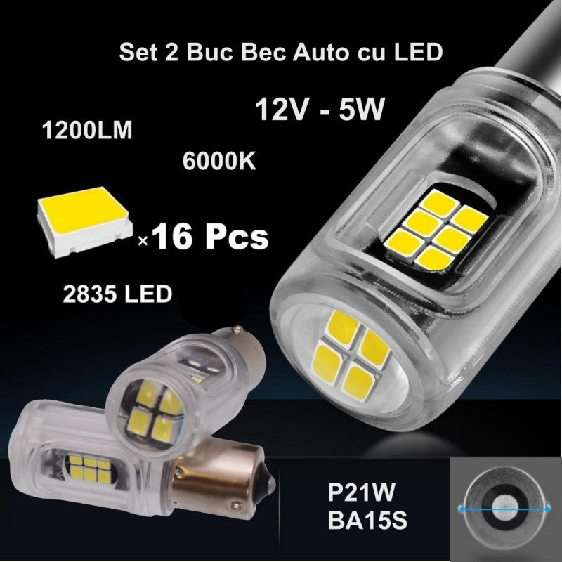 Bec LED auto BA15S 5W 1200LM 6000K, 16 LED-uri 2835, specificatii tehnice ilustrate