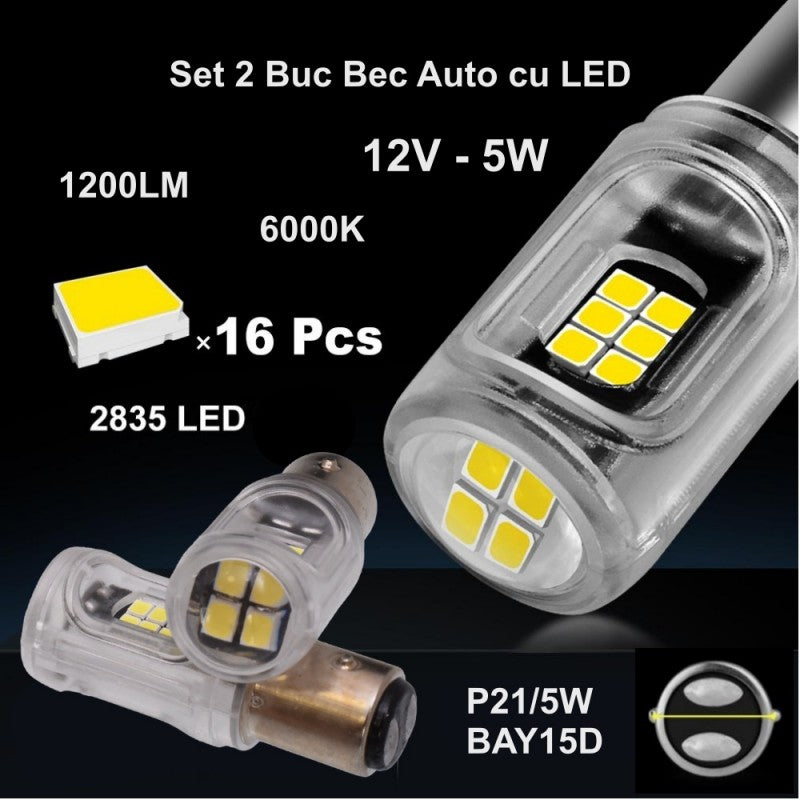 Bec LED auto 5W, 1200LM, 6000K, soclu BAY15D, 16 LED-uri 2835, detalii tehnice