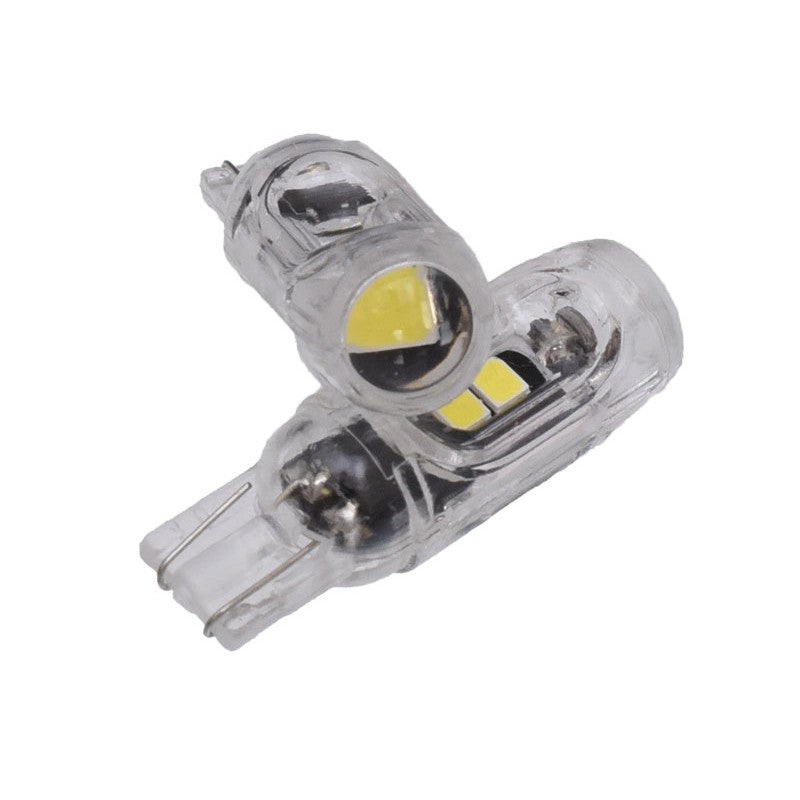 Bec LED T10 auto, vedere laterala cu chip-uri SMD 2835 vizibile, carcasa transparenta
