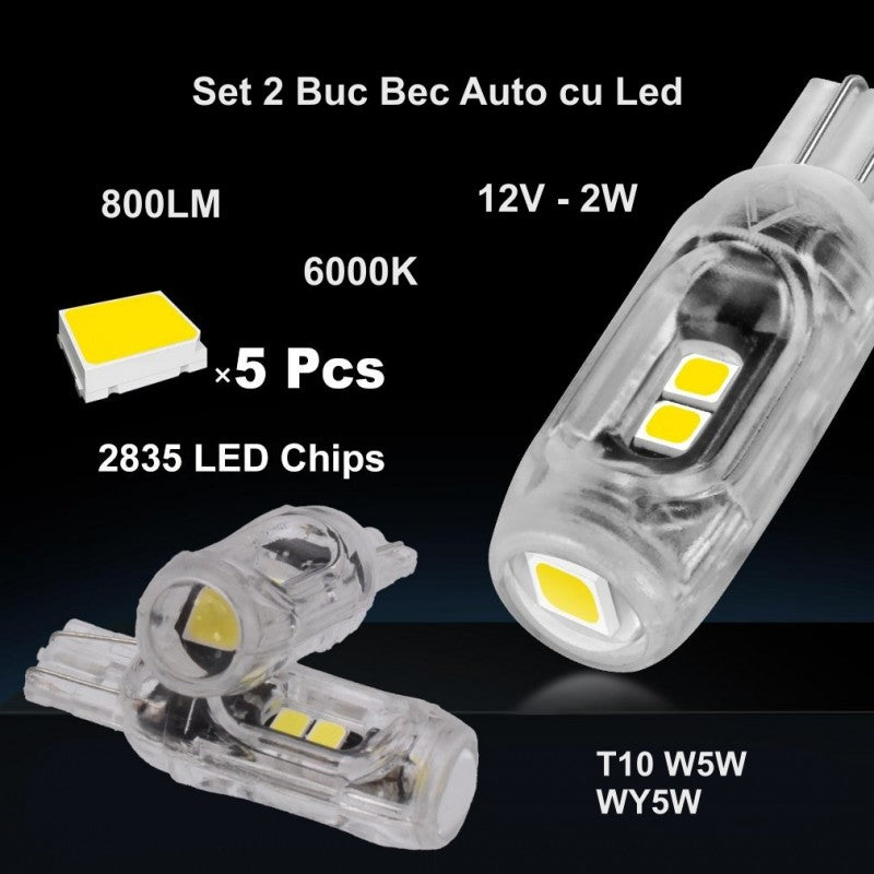 Bec LED T10 W5W 2W 800 lumeni 6000K, 5 chip-uri SMD 2835, specificatii tehnice ilustrate