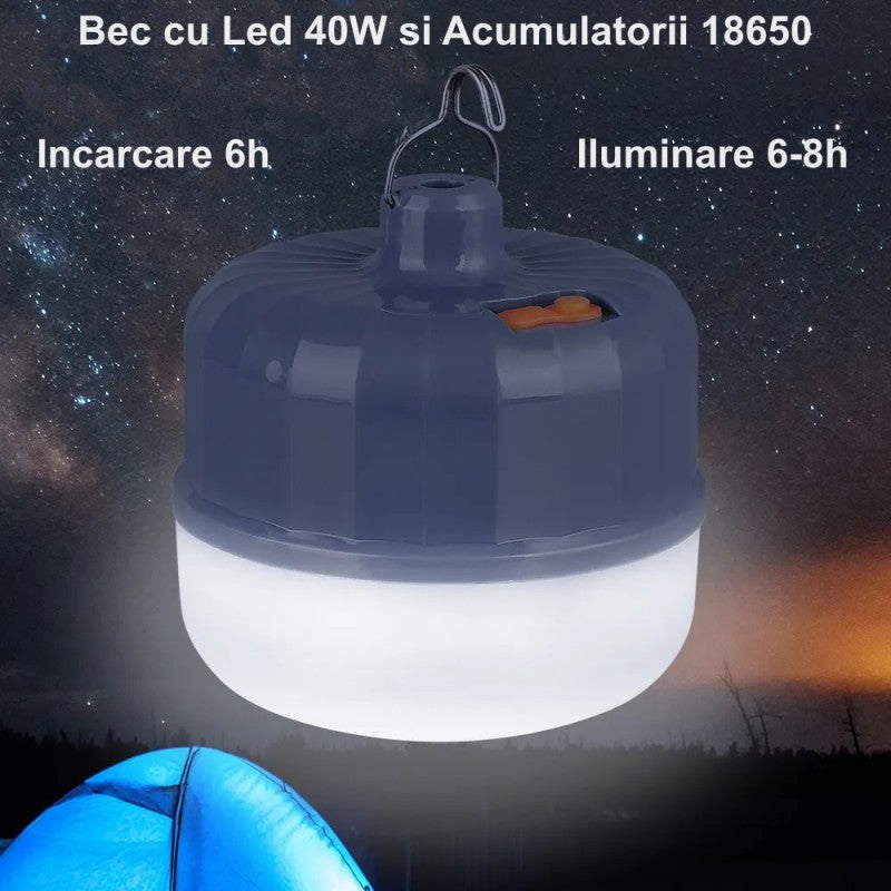Bec LED 40W camping reincarcabil, autonomie 6-8h, incarcare 6h, utilizare in aer liber noapte