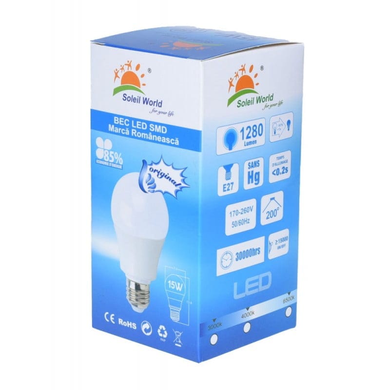 Cutie ambalaj bec LED E27 15W, 1280 lumeni, soclu E27, fara mercur, certificat CE RoHS